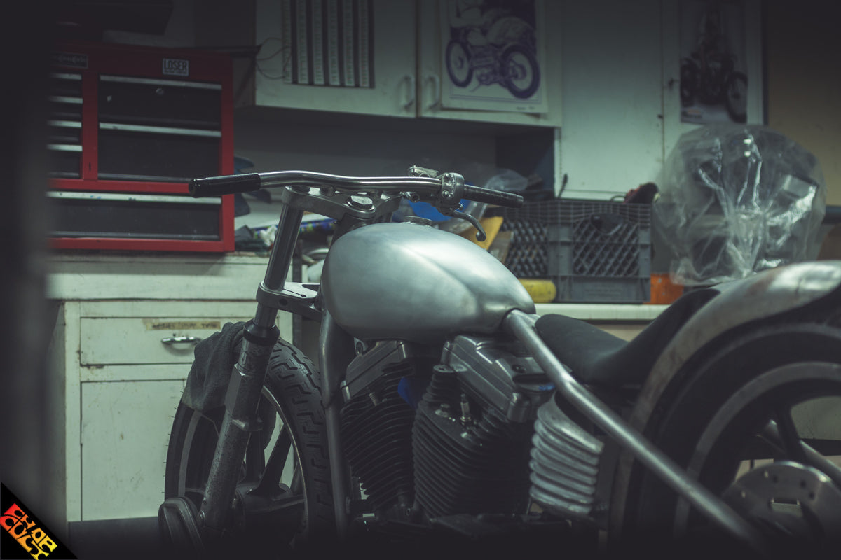 Custom sportster motorcycle b side in shop