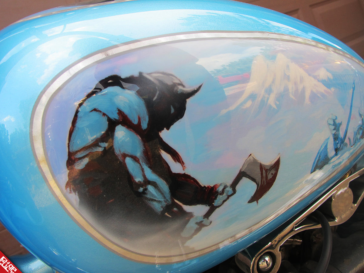 Blue motorcycle gas tank b side