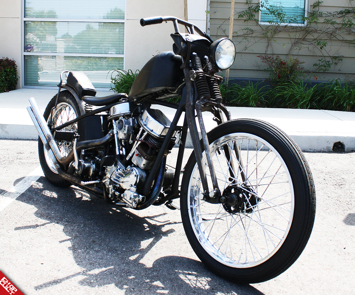 Custom panhead motorcycle a side front angle