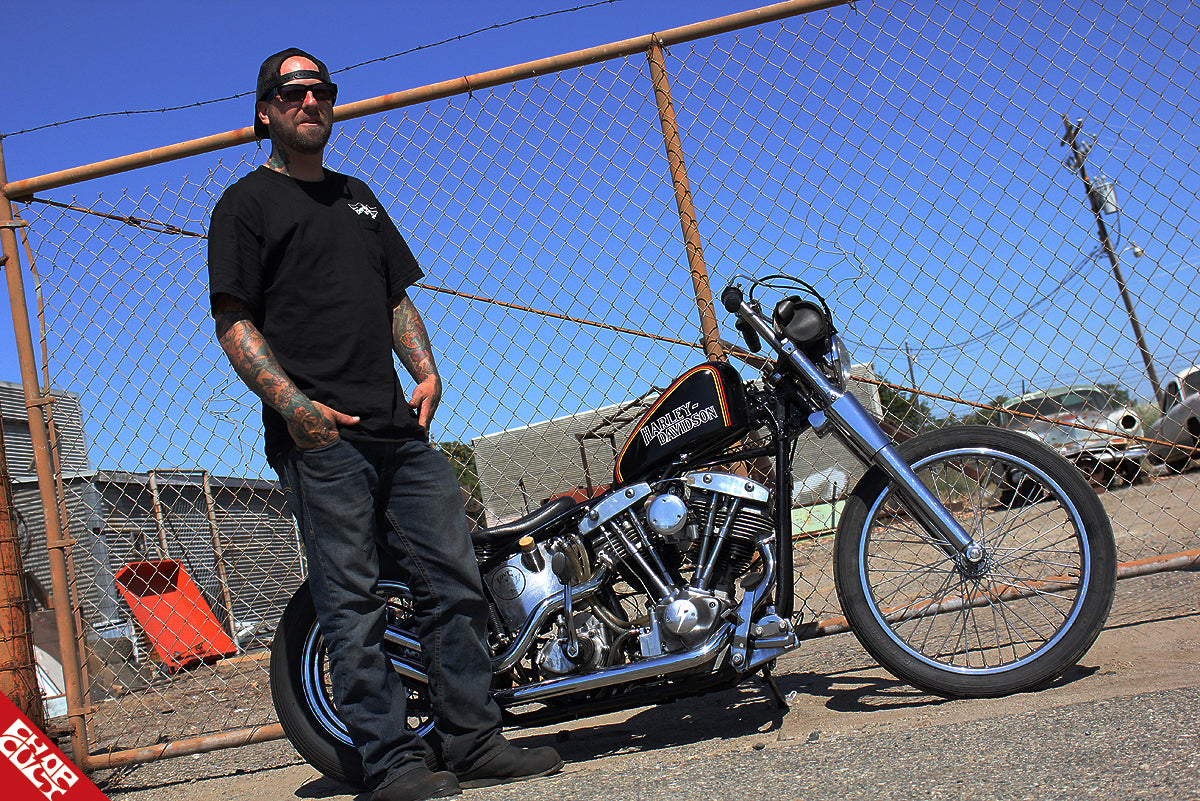 Bryan Hall with shovelhead motorcycle