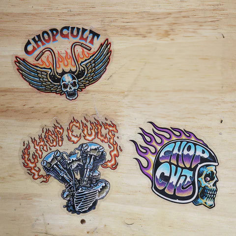 Chopcult sticker 3 pack on wood