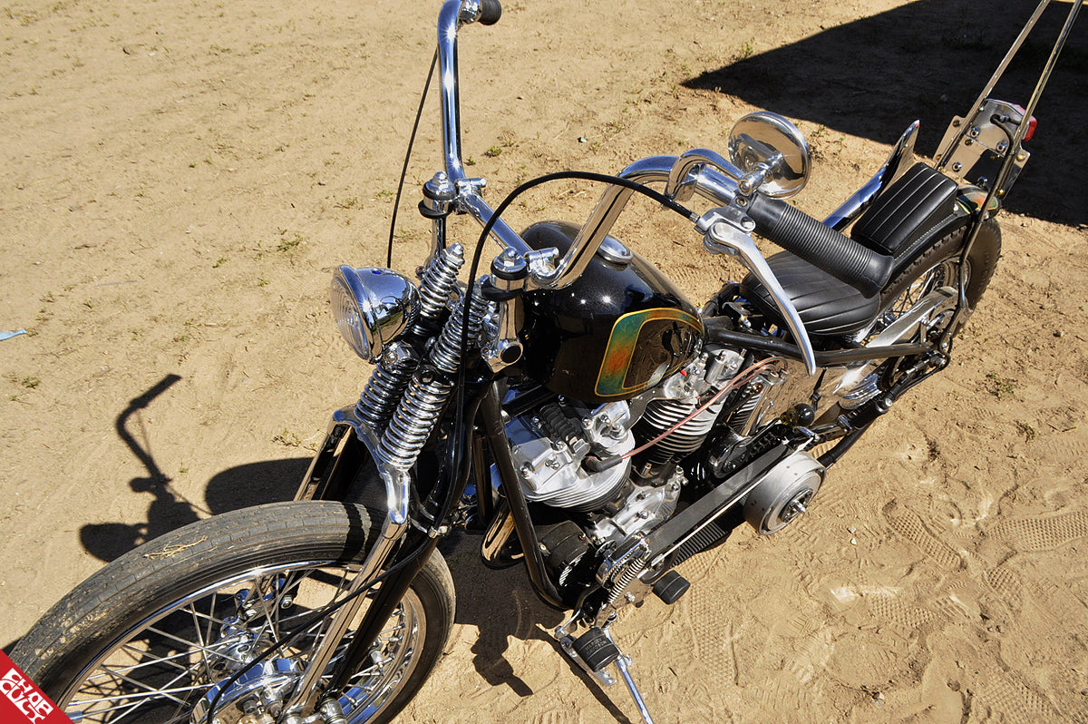 Custom shovelhead motorcycle top angle over handlebars