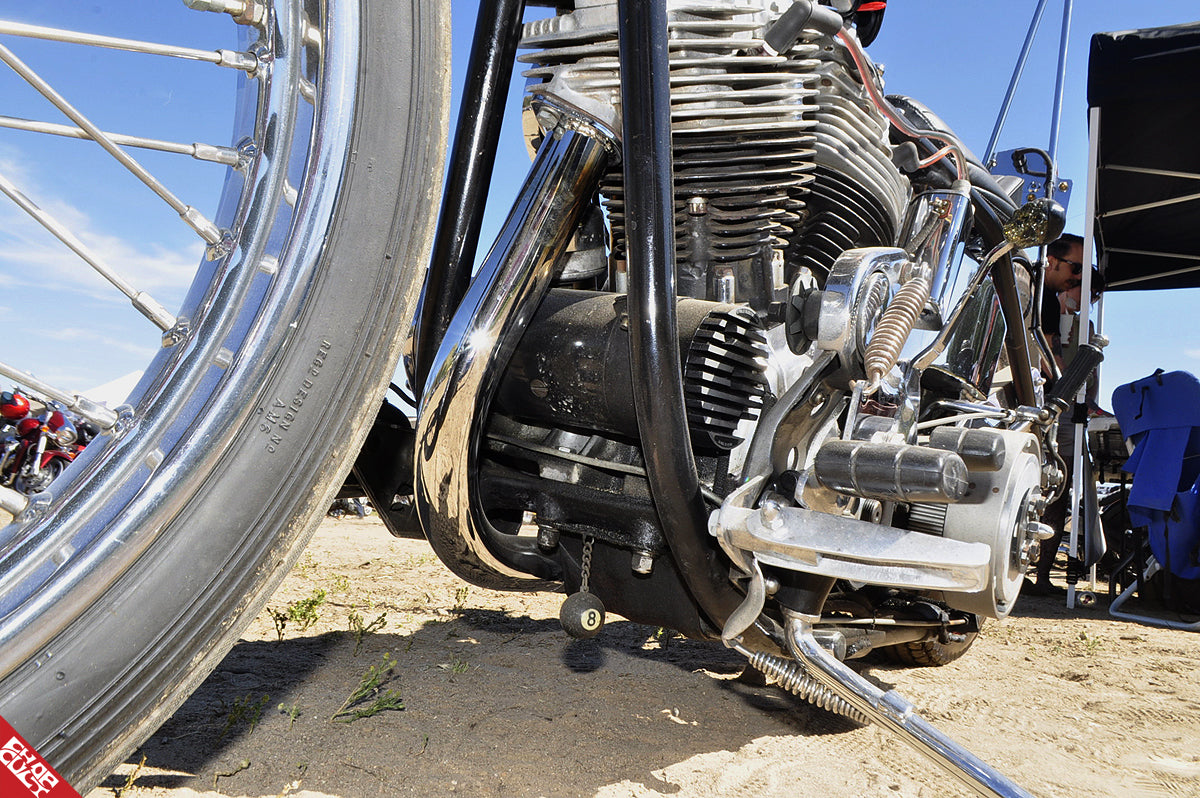 Custom shovelhead motorcycle engine low angle with kickstand