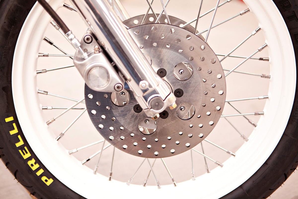 A close up of the bike's front tire