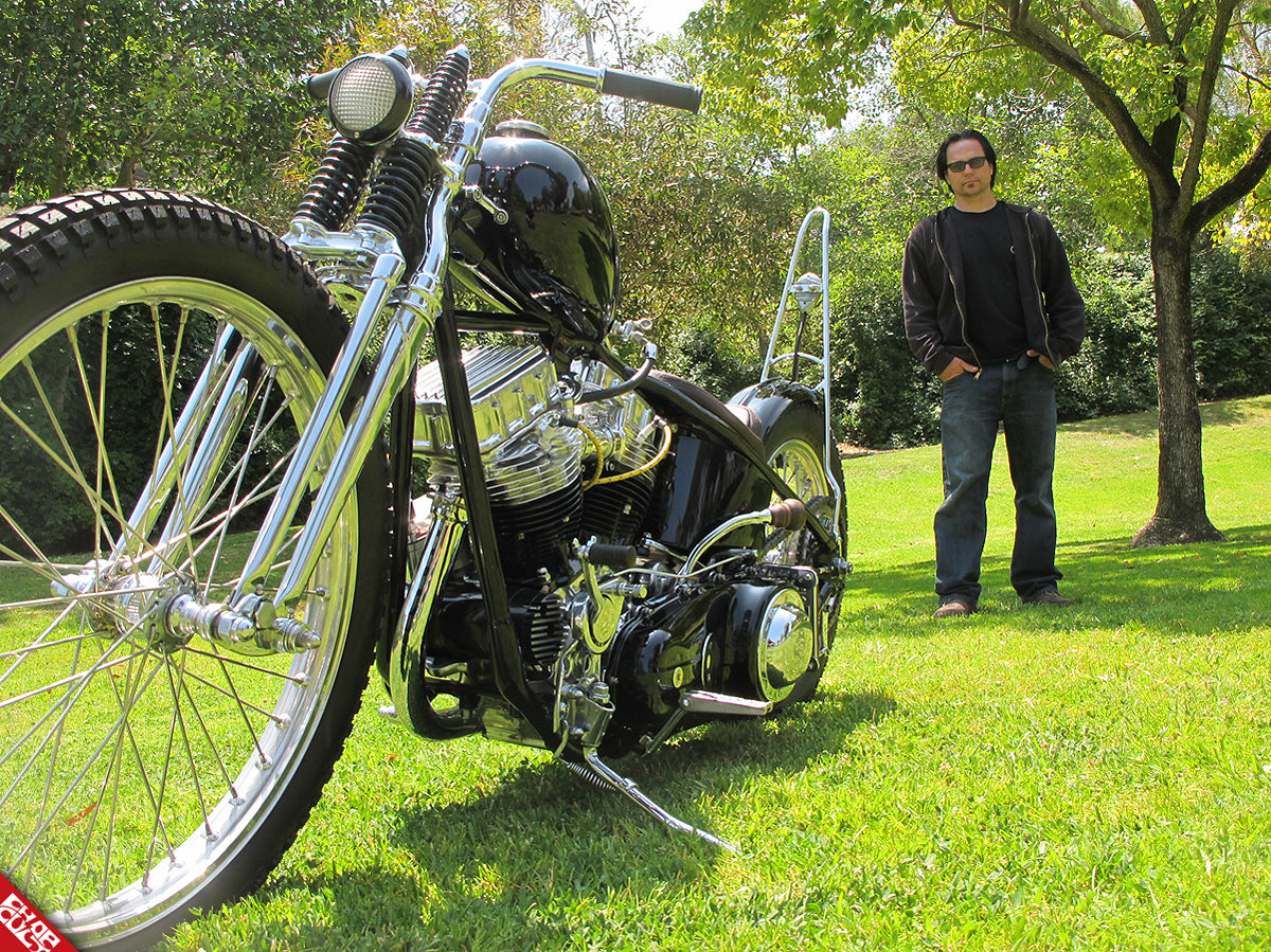 Caleb with panhead motorcycle