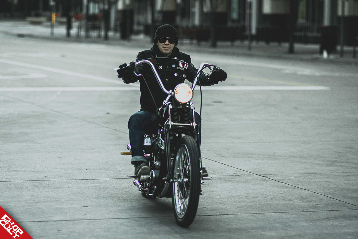 Sean with panhead motorcycle