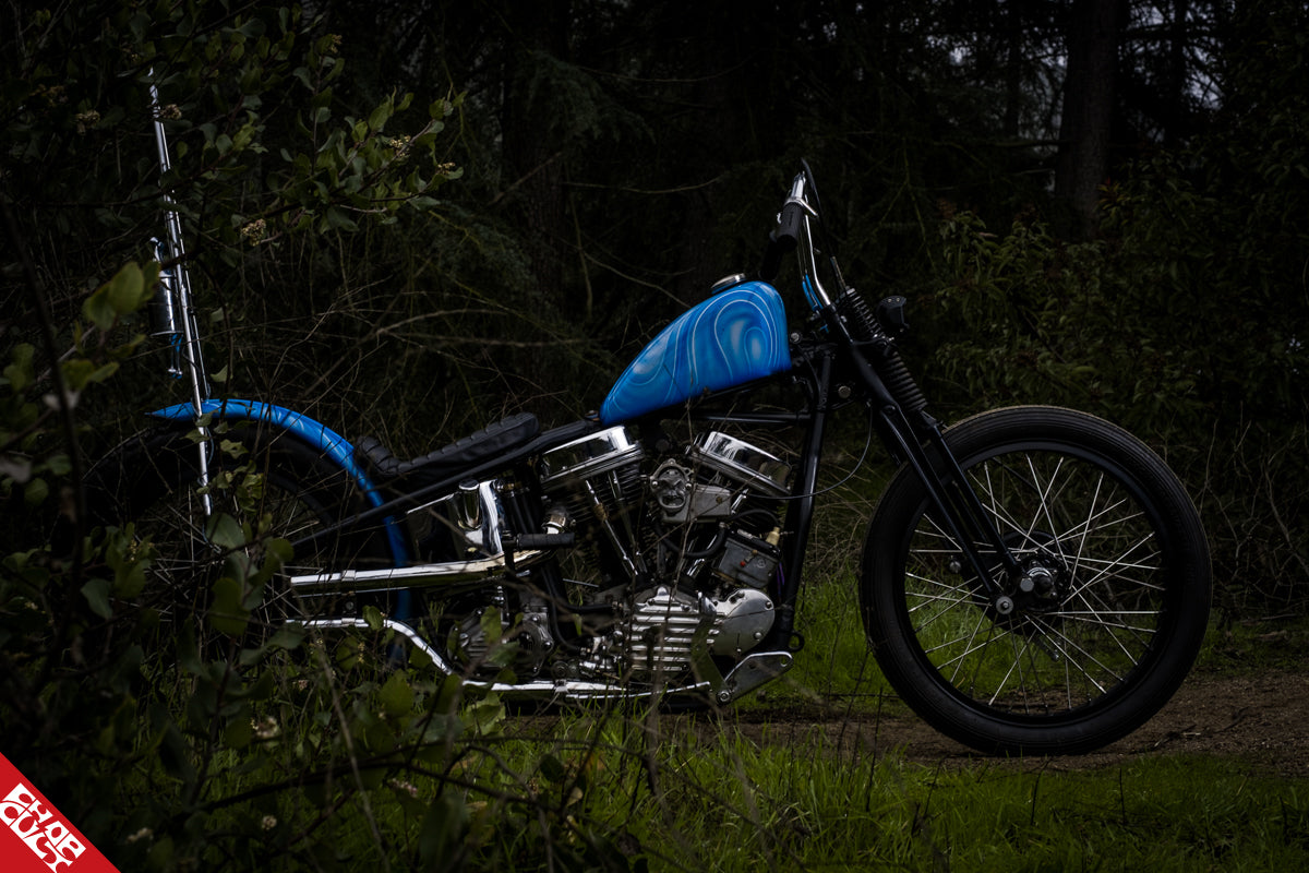 Panhead motorcycle behind bushes