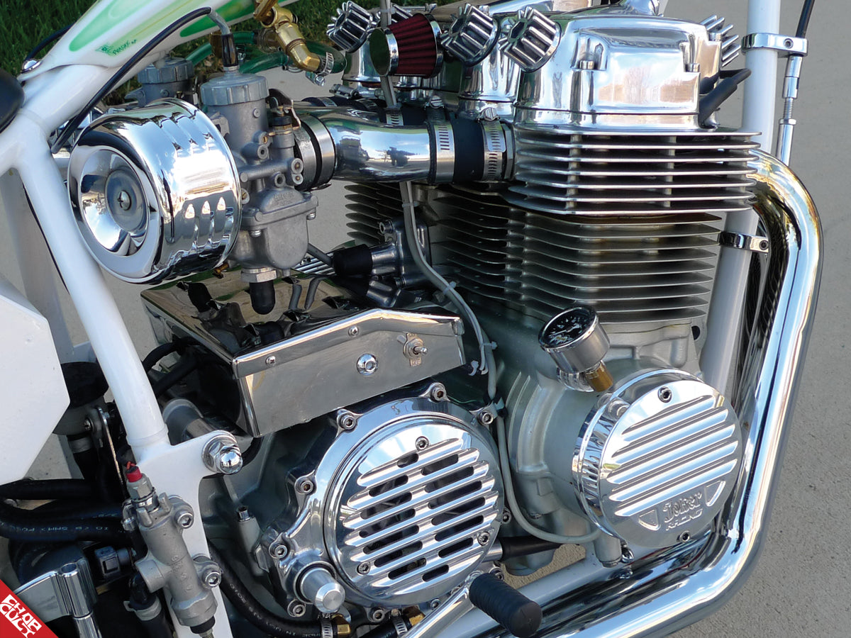 Green chopper motorcycle engine b side