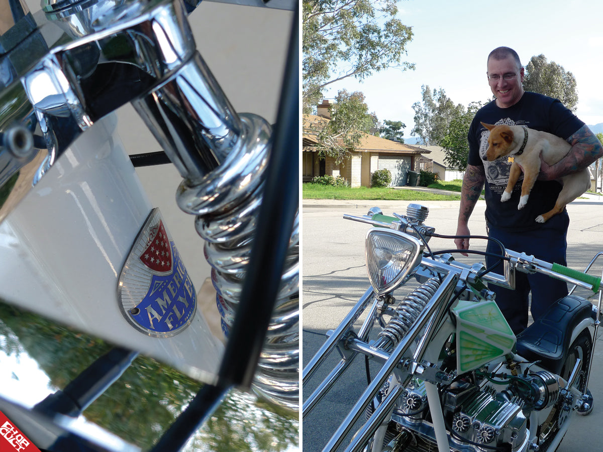 Duane with green chopper motorcycle in collage with bike emblem