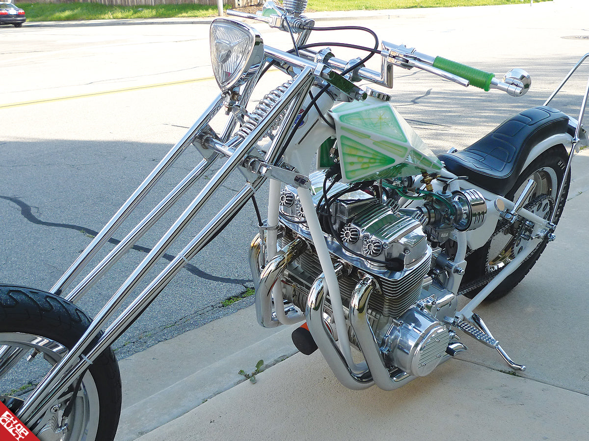Green chopper motorcycle b side