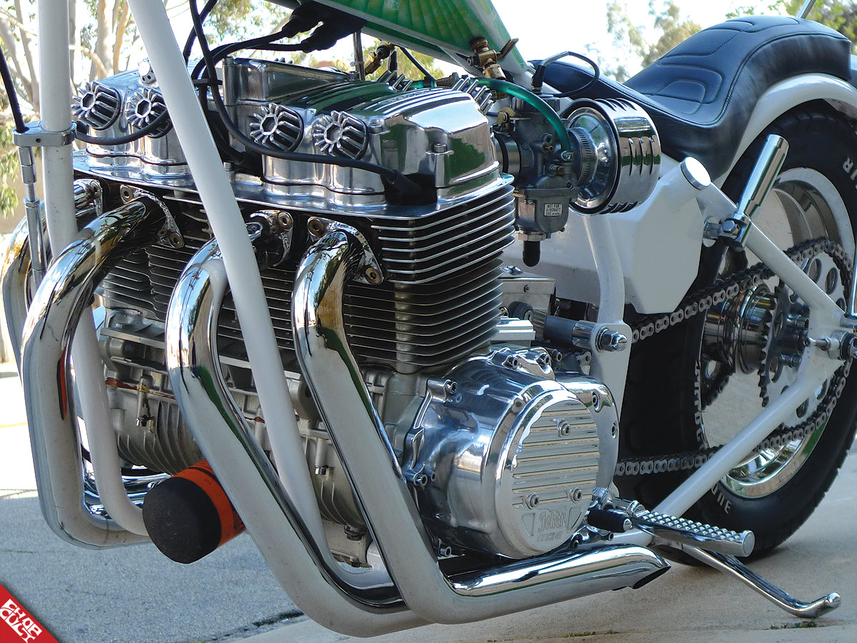 Green chopper motorcycle with kickstand