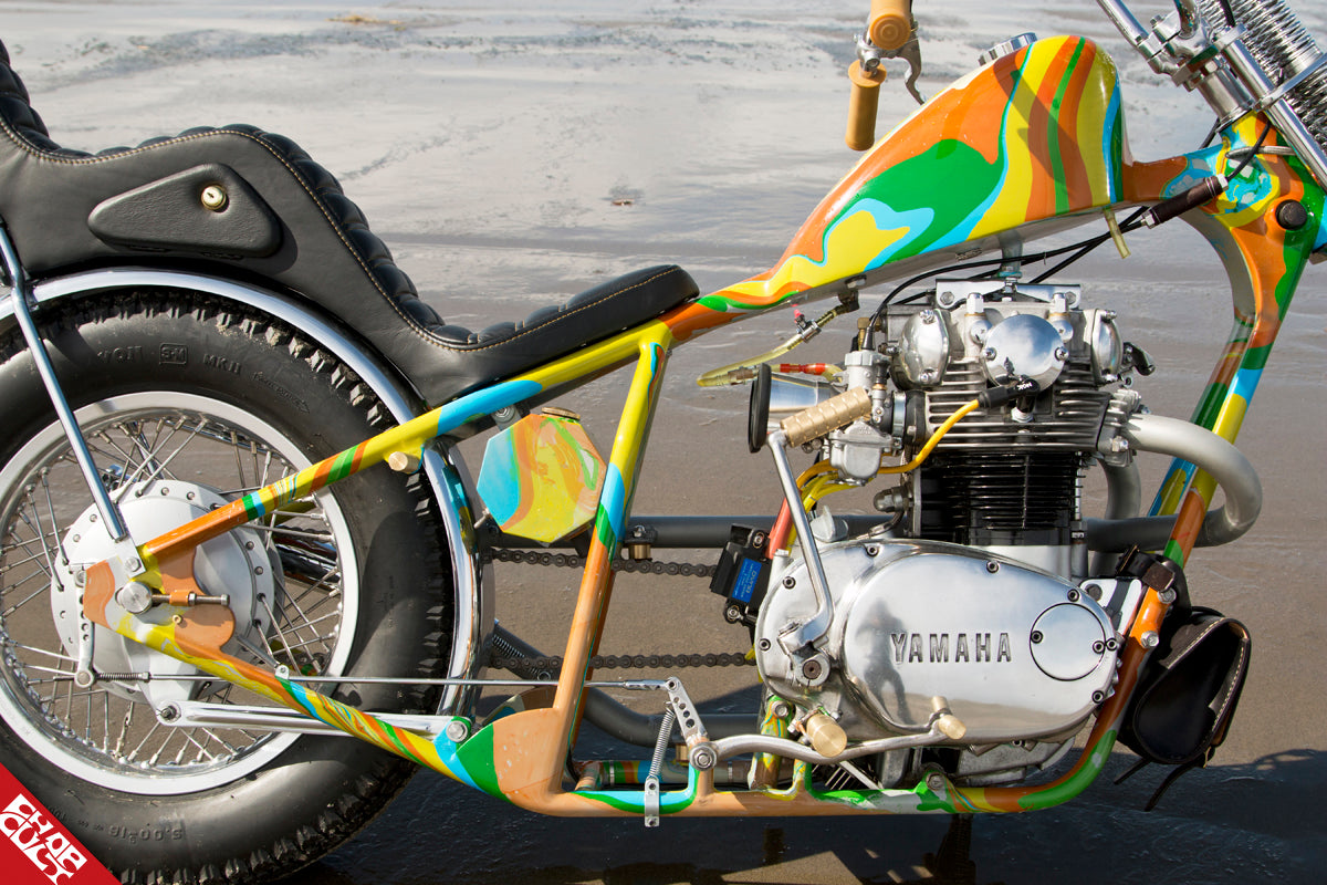 A close up of the bike's Yamaha motor and the bike's frame