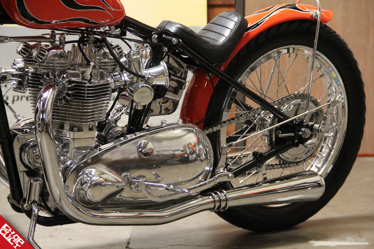 Side view of the bike's gas tank and engine