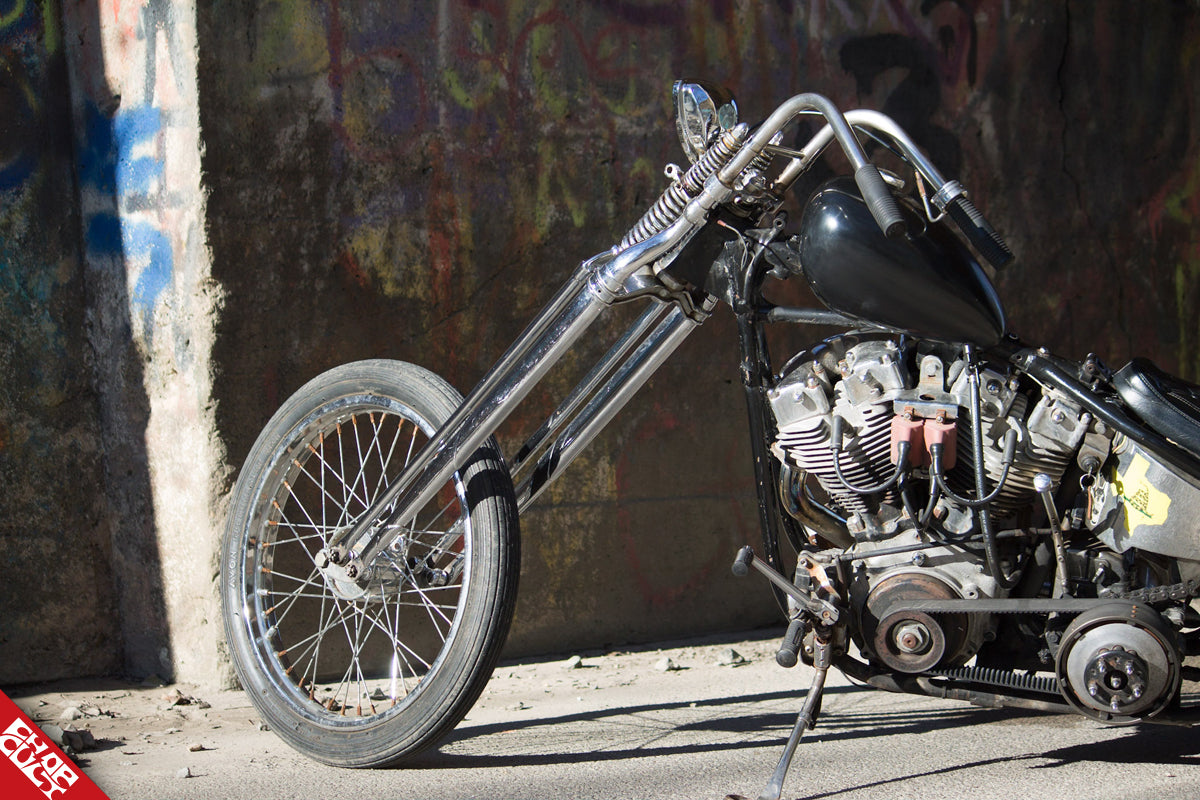 Custom shovelhead motorcycle front forks and wheel