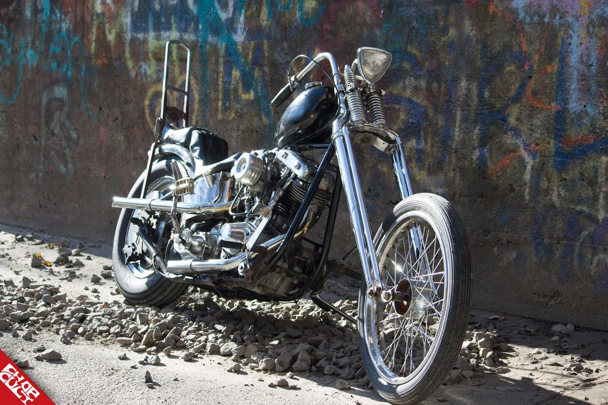Custom shovelhead motorcycle a side front angle