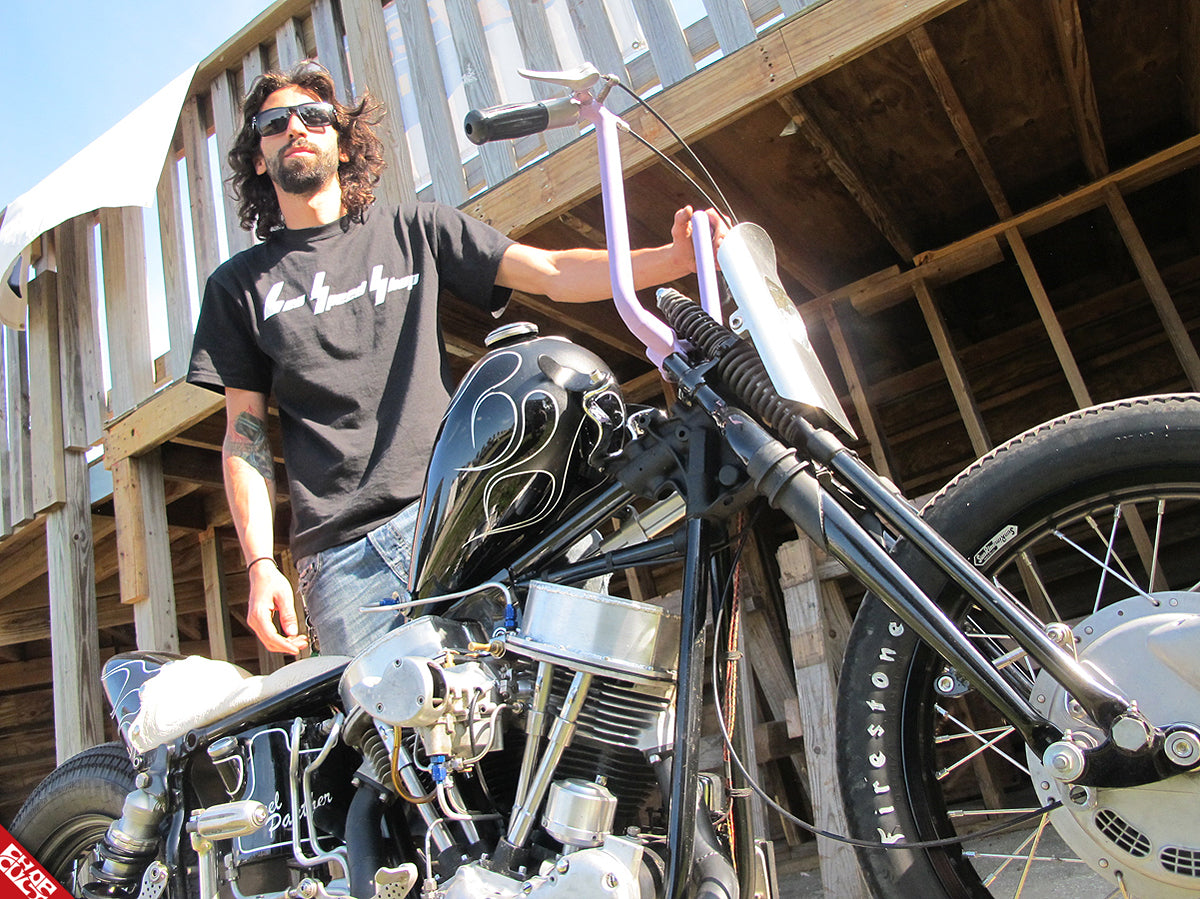 Leo with panhead motorcycle