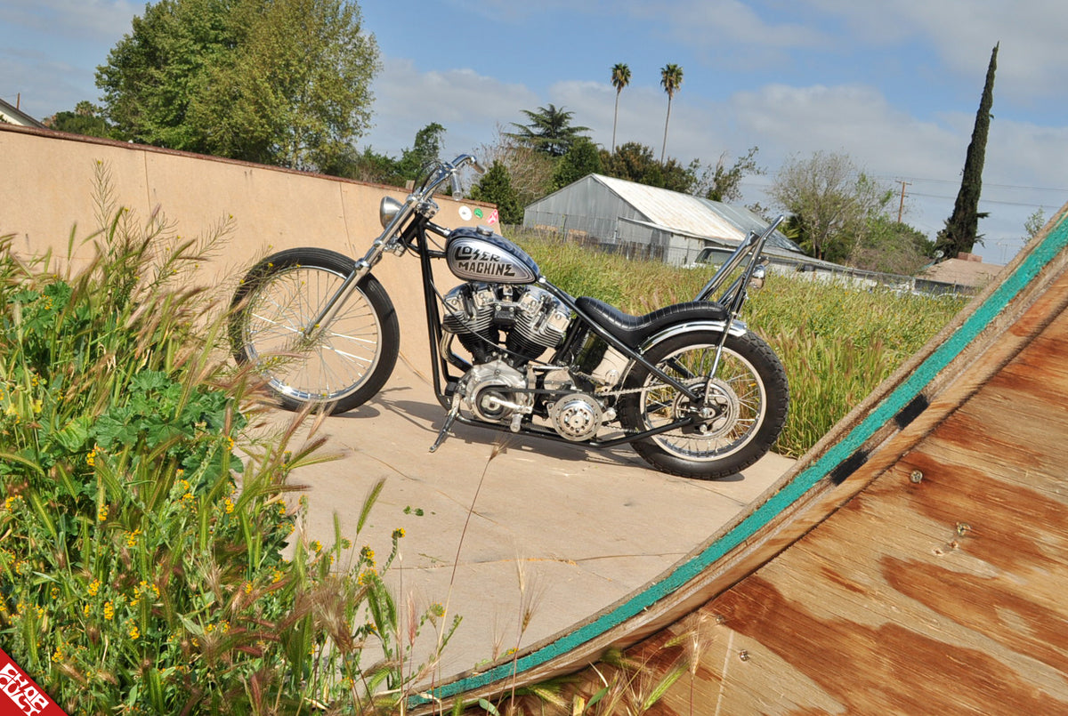Shovelhead motorcycle in skate park