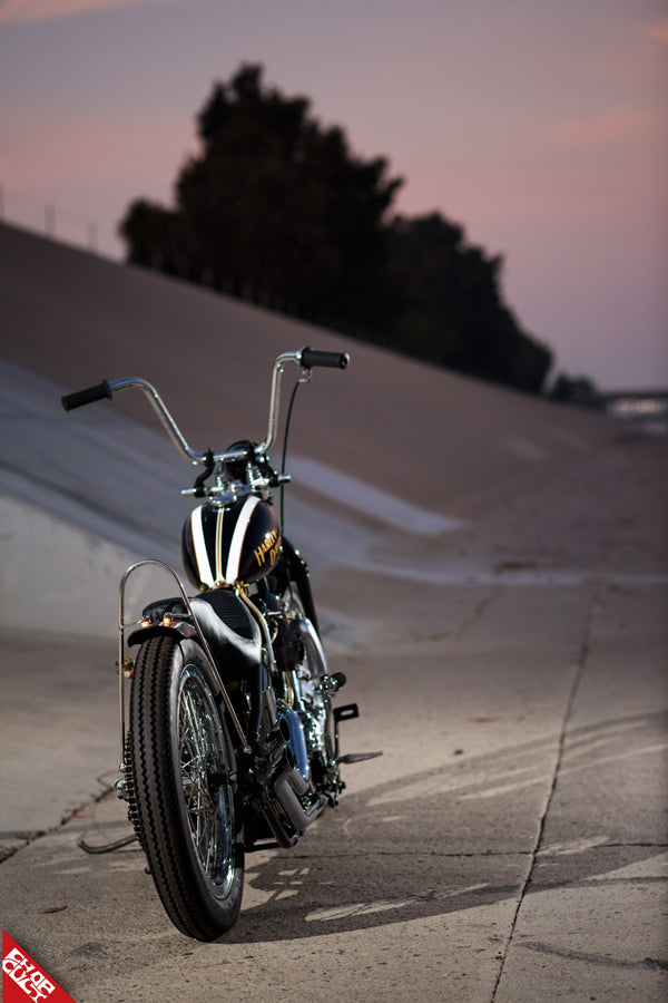 Panhead motorcycle rear angle
