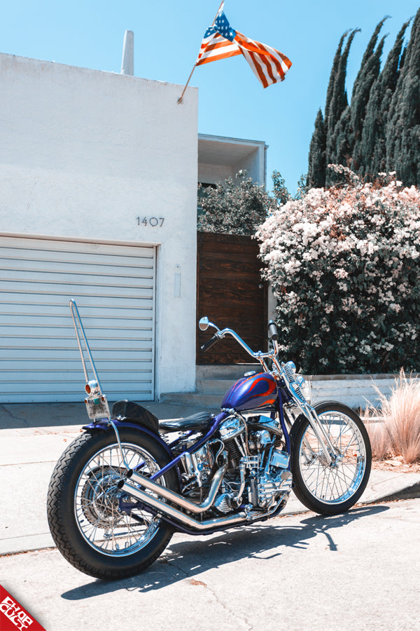 Panhead motorcycle a side rear angle