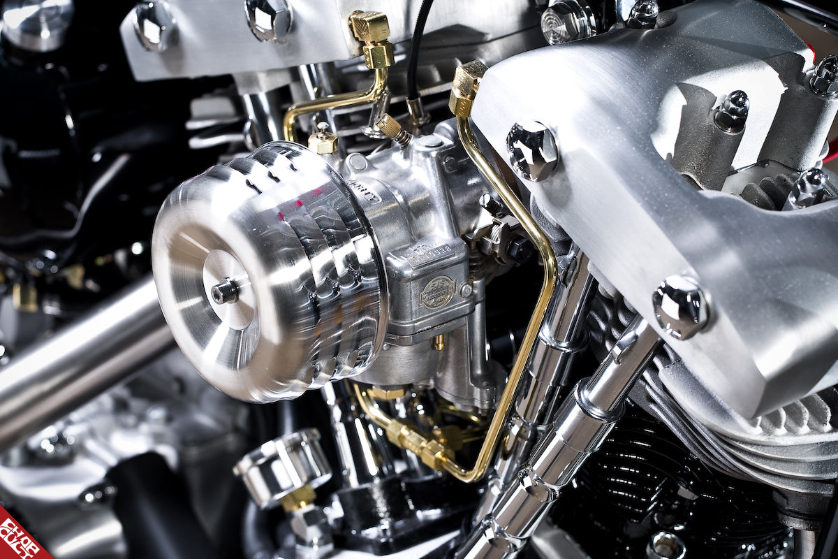 Custom Haley Davidson motorcycle engine close up