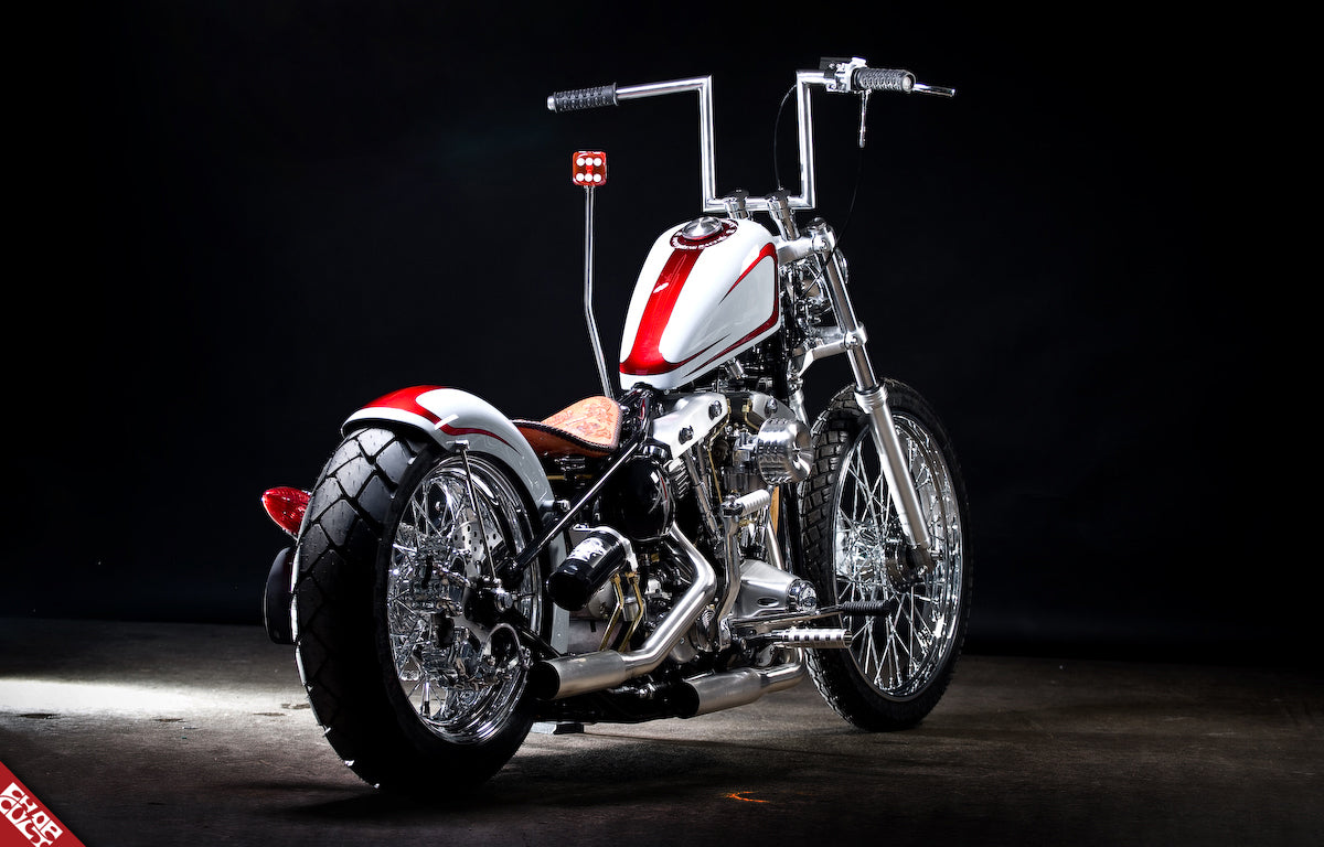 Custom Haley Davidson motorcycle b side rear angle