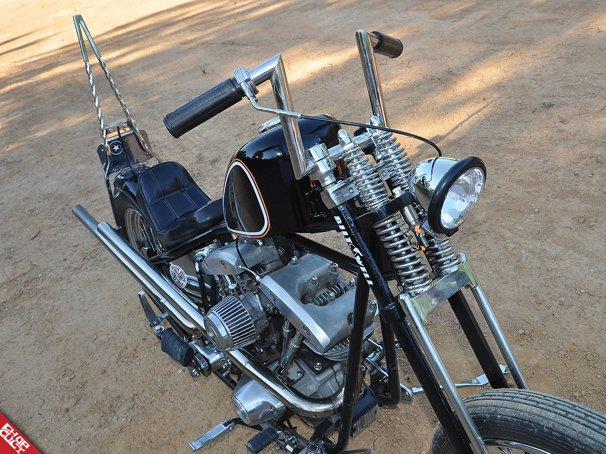 Custom shovelhead motorcycle a side front angle