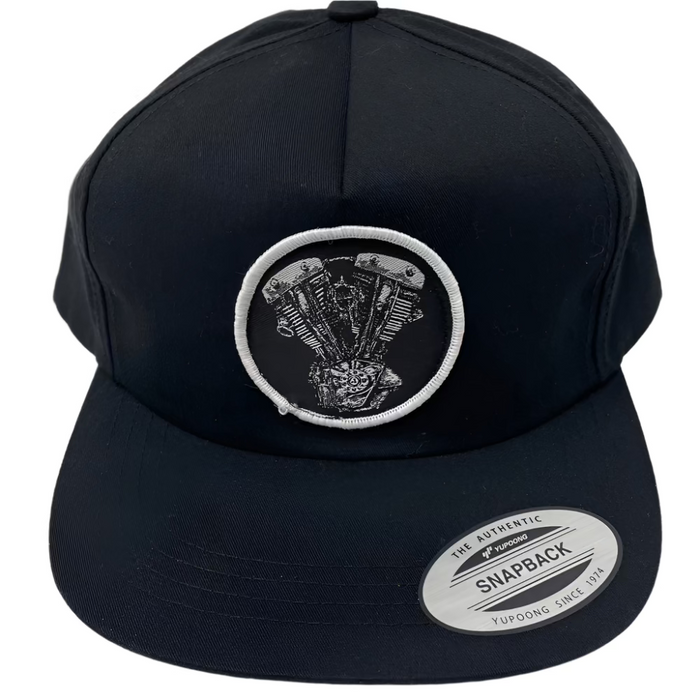 Embroidered Shovelhead Patch 5 Panel Lightly Structured Hat- Black