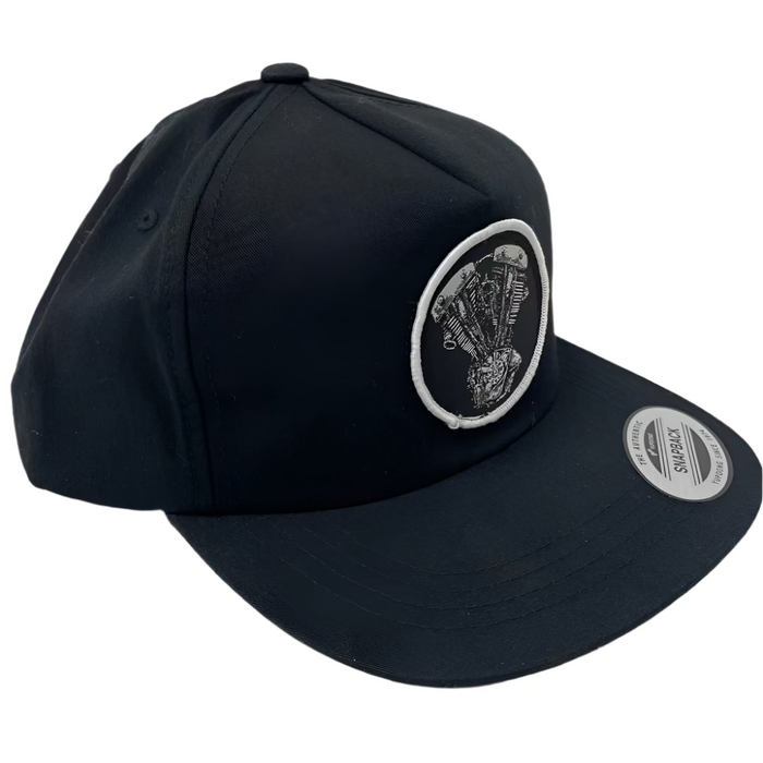 Embroidered Shovelhead Patch 5 Panel Lightly Structured Hat- Black